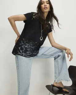 Black Cotton Lace Panel Jersey T-Shirt