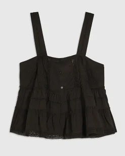 Black Cotton Lace Pearl Detail Smock Cami Top