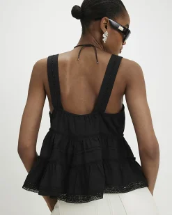Black Cotton Lace Pearl Detail Smock Cami Top