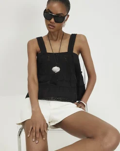 Black Cotton Lace Pearl Detail Smock Cami Top