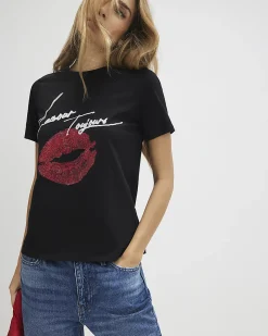 Black Cotton L'amour Lips T-Shirt