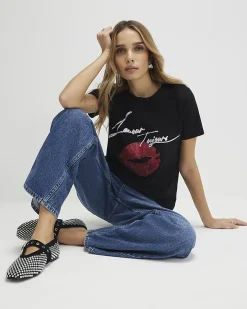 Black Cotton L'amour Lips T-Shirt