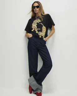 Black Cotton Mirror Print Tiger T-shirt