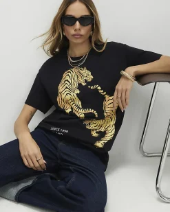 Black Cotton Mirror Print Tiger T-shirt
