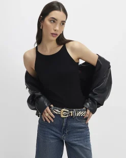 Black Cotton Ribbed Racer Front Tank Top
