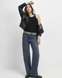 Black Cotton Ribbed Racer Front Tank Top