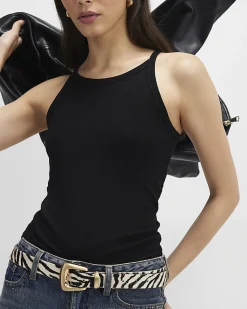Black Cotton Ribbed Racer Front Tank Top