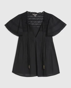 Black Cotton Ruffle Sleeve Lace Blouse