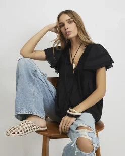 Black Cotton Ruffle Sleeve Lace Blouse