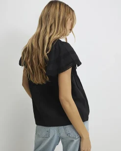 Black Cotton Ruffle Sleeve Lace Blouse