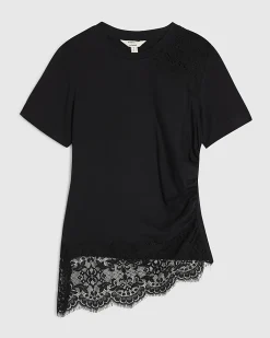 Black Cotton Short Sleeve Lace Aysmmetric Top