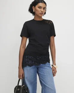 Black Cotton Short Sleeve Lace Aysmmetric Top
