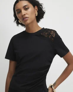 Black Cotton Short Sleeve Lace Aysmmetric Top