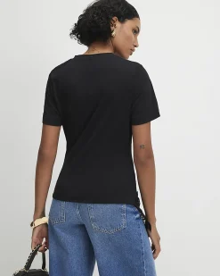 Black Cotton Short Sleeve Lace Aysmmetric Top