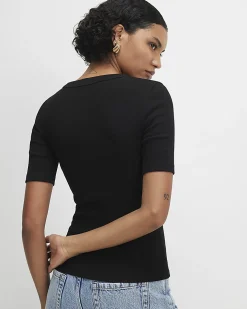Black Cotton Short Sleeve Ribbed Popper Top