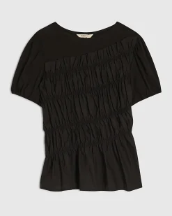 Black Cotton Short Sleeve Shirred Top
