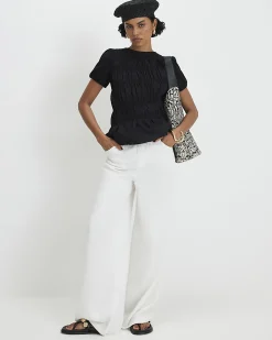 Black Cotton Short Sleeve Shirred Top