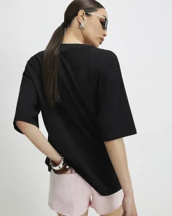 Black Cotton Short Sleeve Printed T-Shirt