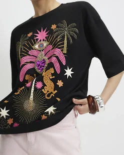 Black Cotton Short Sleeve Printed T-Shirt