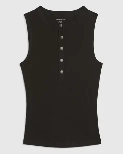 Black Cotton Sleeveless Ribbed Popper Top