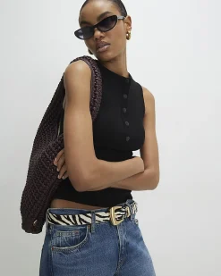 Black Cotton Sleeveless Ribbed Popper Top