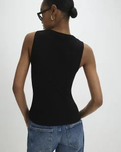 Black Cotton Sleeveless Ribbed Popper Top