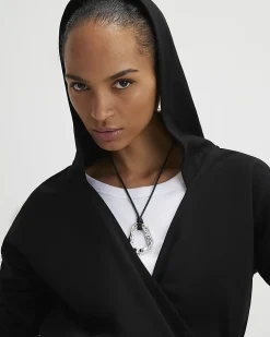 Black Cotton Wrap Front Hoodie