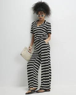 Black Crochet Stripe Wide Leg Trousers