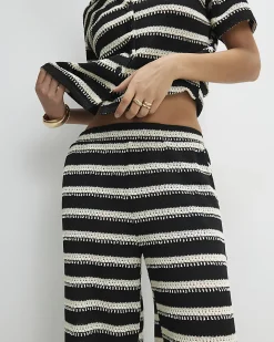 Black Crochet Stripe Wide Leg Trousers