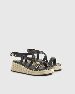 Black Cross Strap Sling Back Wedge Sandals