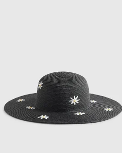 Black Daisy Floppy Straw Hat