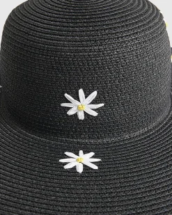 Black Daisy Floppy Straw Hat