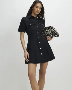 Black Denim Pleat Front Mini Dress
