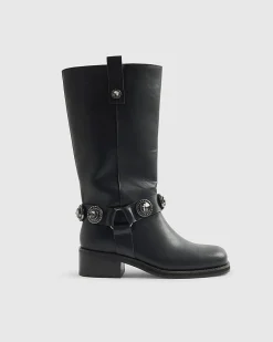 Black Embellished Harness Boots