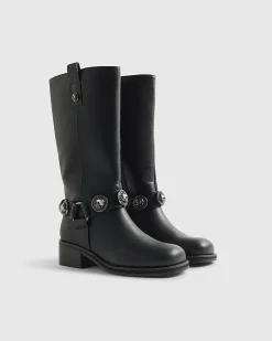 Black Embellished Harness Boots
