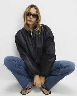 Black Faux Leather Bomber Jacket