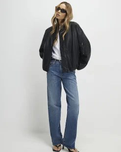 Black Faux Leather Bomber Jacket
