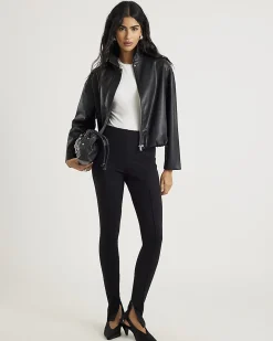 Black Faux Leather Bubble Hem Bomber Jacket