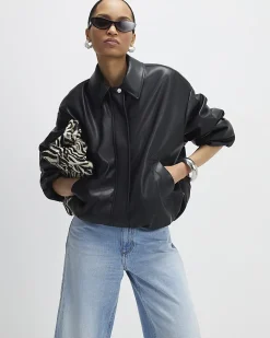 Black Faux Leather Bubble Hem Bomber Jacket