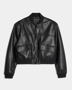 Black Faux Leather Cropped Bomber Jacket