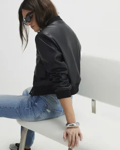Black Faux Leather Cropped Bomber Jacket