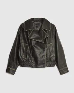 Black Faux Leather Double Breasted Jacket