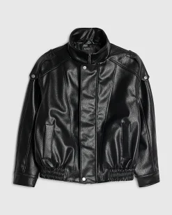 Black Faux Leather Funnel Neck Biker Jacket