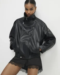 Black Faux Leather Funnel Neck Biker Jacket