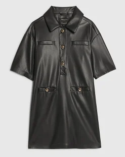 Black Faux Leather Pocket Detail Shirt Dress