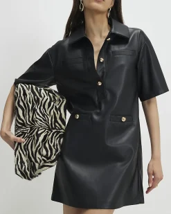 Black Faux Leather Pocket Detail Shirt Dress