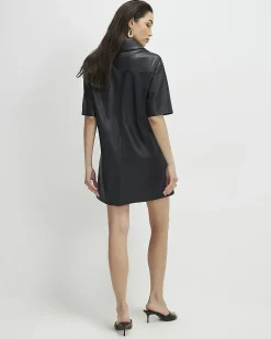 Black Faux Leather Pocket Detail Shirt Dress