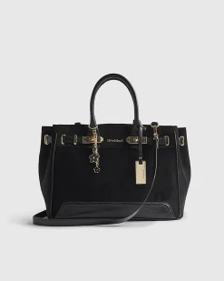 Black Faux Suede Soft Lock Front Tote Bag