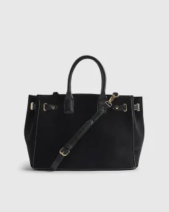 Black Faux Suede Soft Lock Front Tote Bag