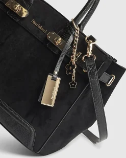 Black Faux Suede Soft Lock Front Tote Bag